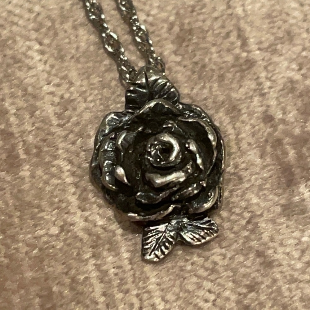 Gothic Style Rose Pendant Necklace Sterling Silver 925
